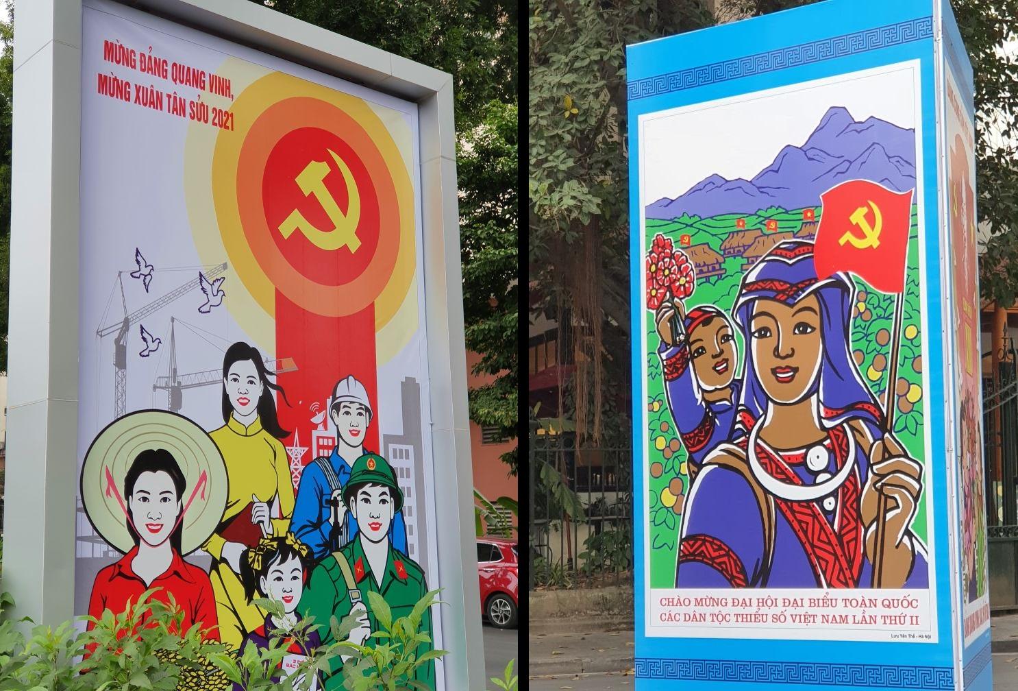  Deux affiches de propagande à Hanoï. Celle de gauche se lit ainsi : « Célébrons le printemps 2021 ». Celle de droite illustre une femme issue d’une minorité ethnique avec son enfant célébrant le Parti. 